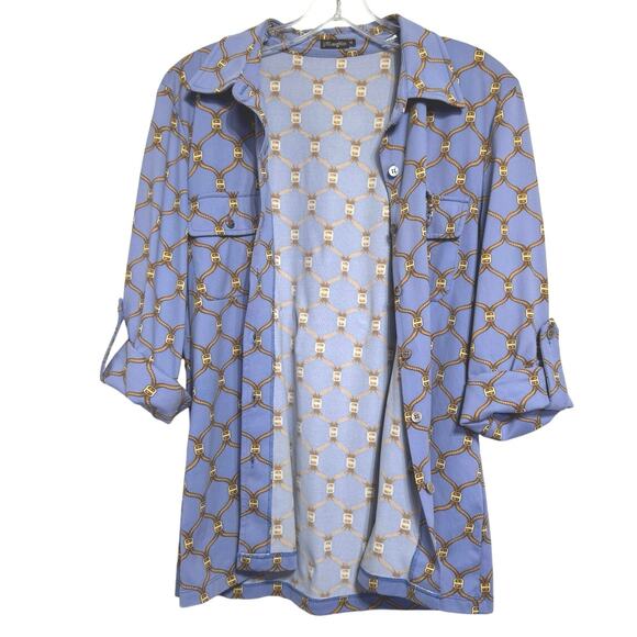 J. McLaughlin Catalina Cloth Tab Sleeve Button Front Chain Link Print Blouse - Picture 8 of 11